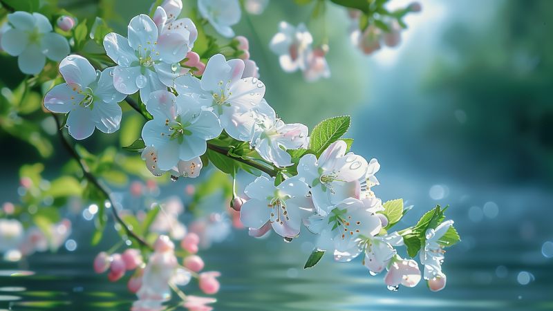 blossom wallpaper, water droplets, purity, background for desktop wallpaper (horizontal)
