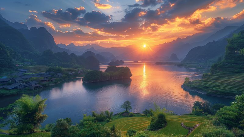 mountains wallpaper, village, rural, background for desktop wallpaper (horizontal)