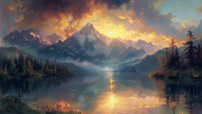 mountains wallpaper, serene lake, picturesque landscape, background for desktop wallpaper (horizontal)