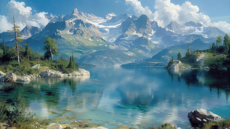 mountains wallpaper, serene lake, natural landscape, background for desktop wallpaper (horizontal)