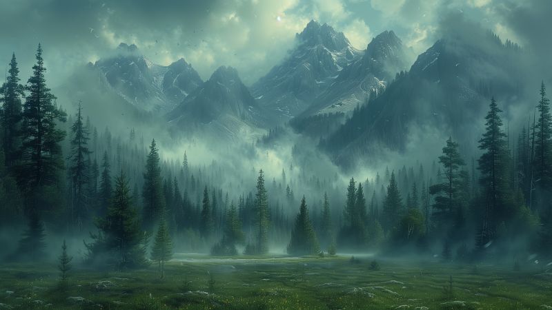mountains wallpaper, woodland, mist, background for desktop wallpaper (horizontal)