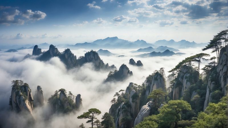 mountains wallpaper, fluffy clouds, rugged terrain, background for desktop wallpaper (horizontal)