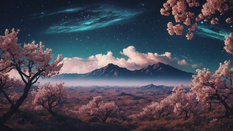 mountains wallpaper, flower bloom, cherry blossoms, background for desktop wallpaper (horizontal)