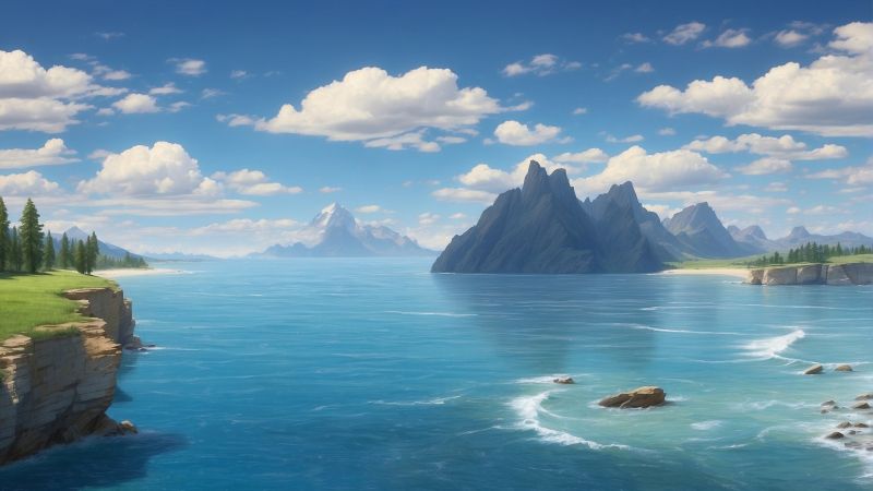 sea wallpaper, coastline, mountain peaks, background for desktop wallpaper (horizontal)