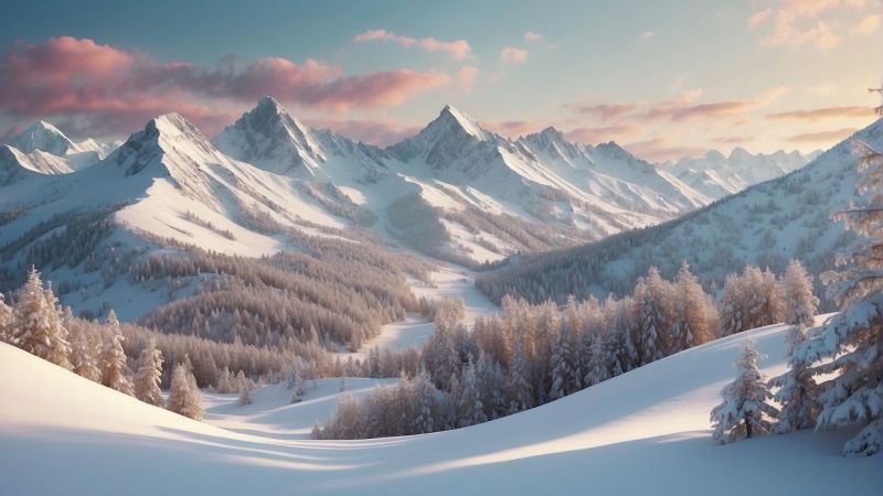 mountains wallpaper, evergreen forest, snow-covered peaks, background for desktop wallpaper (horizontal)