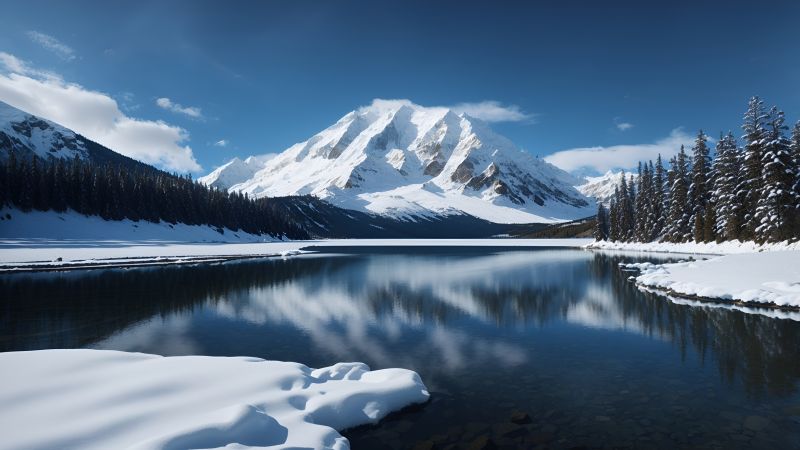 lake wallpaper, mountains, winter, background for desktop wallpaper (horizontal)