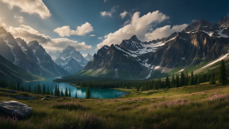 mountains wallpaper, tranquil lake, reflection on water, background for desktop wallpaper (horizontal)