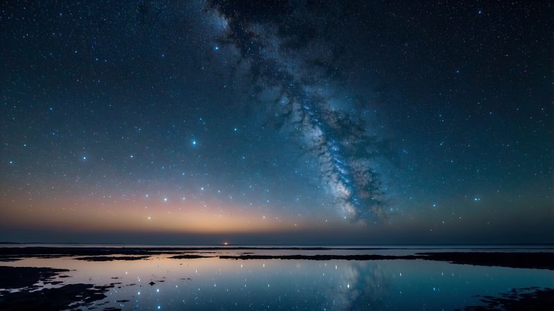 milky way wallpaper, stars, water reflection, background for desktop wallpaper (horizontal)