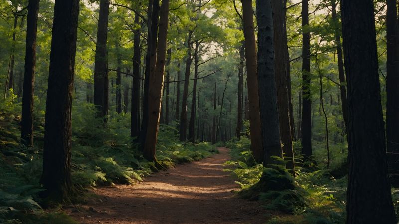 forest wallpaper, wooded path, hiking route, background for desktop wallpaper (horizontal)