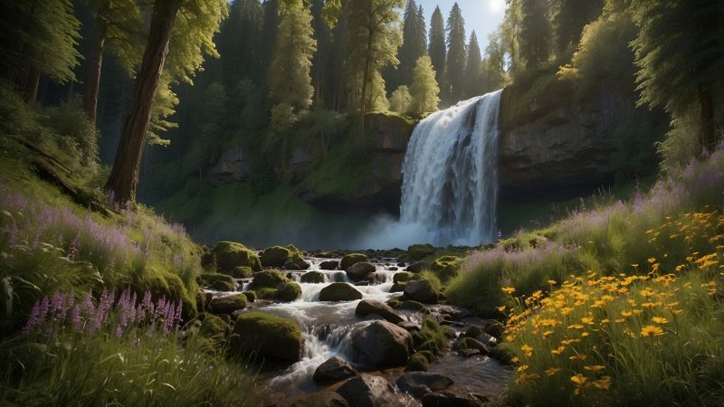 forest wallpaper, tranquil nature, serene waterfall, background for desktop wallpaper (horizontal)