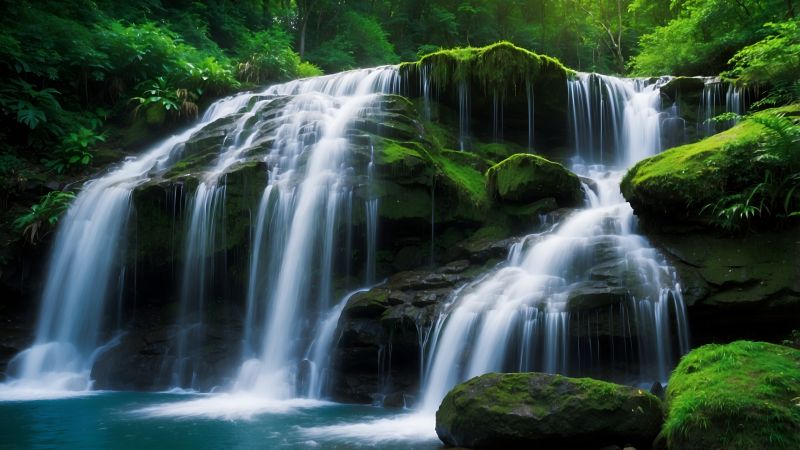 forest wallpaper, woodland, waterfall, background for desktop wallpaper (horizontal)