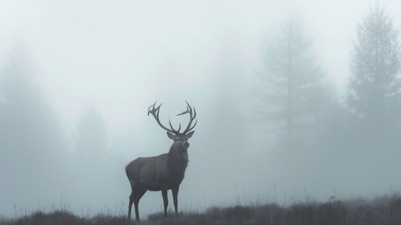 deer wallpaper, mist, foggy landscape, background for desktop wallpaper (horizontal)
