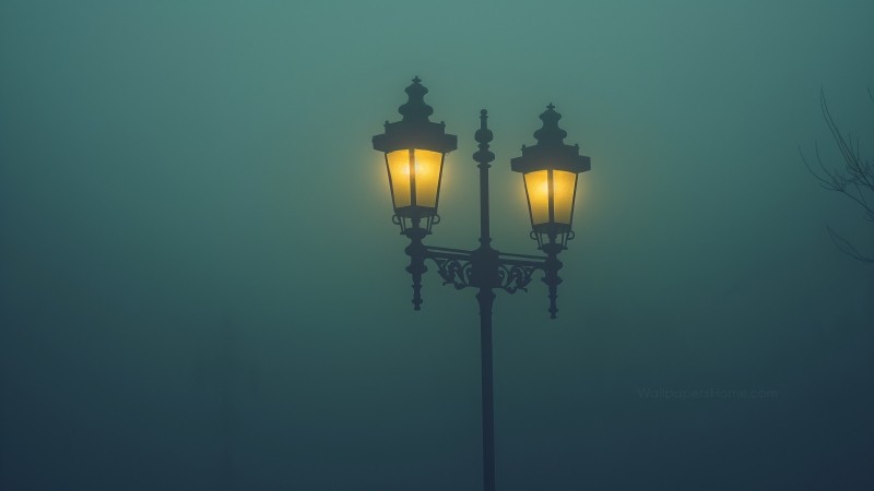 Street lamp in the fog wallpaper, misty atmosphere, nighttime haze, background for desktop wallpaper (horizontal)