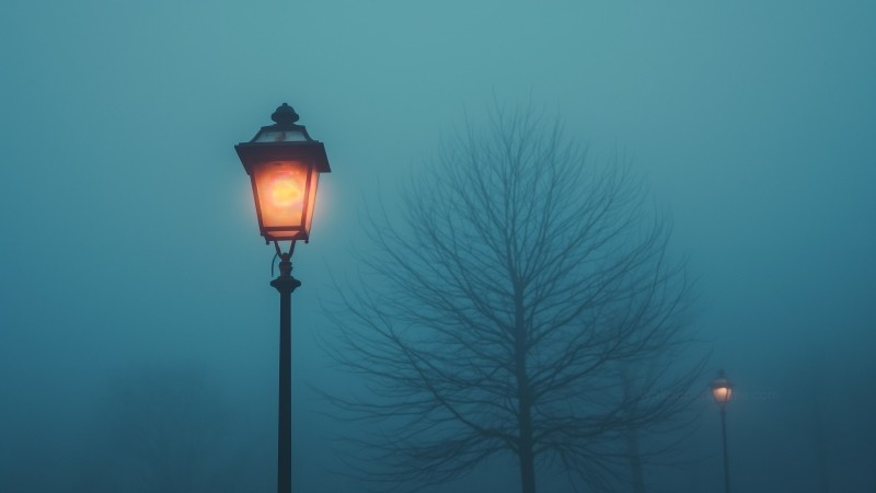 Street lamp in the fog wallpaper, soft glow, street illumination, background for desktop wallpaper (horizontal)