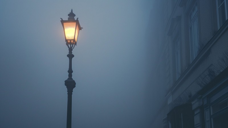 Street lamp in the fog wallpaper, misty atmosphere, urban landscape, background for desktop wallpaper (horizontal)