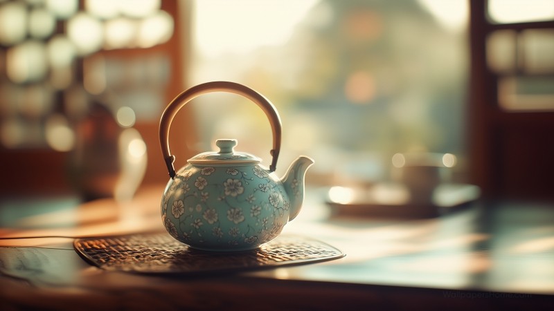teapot wallpaper, serene art, antique style, background for desktop wallpaper (horizontal)