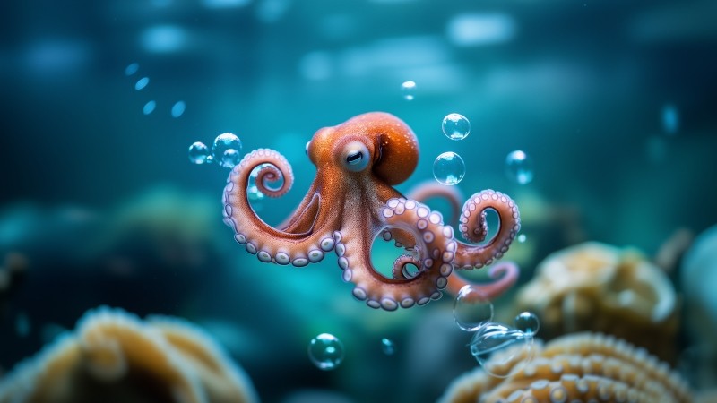 octopus wallpaper, underwater world, ocean habitat, background for desktop wallpaper (horizontal)