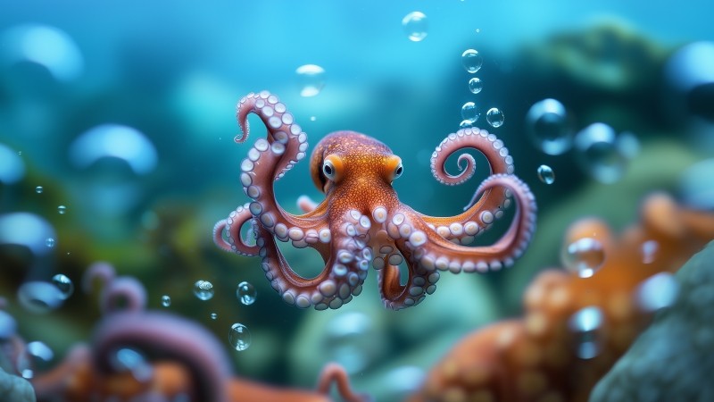 octopus wallpaper, underwater world, aquatic life, background for desktop wallpaper (horizontal)