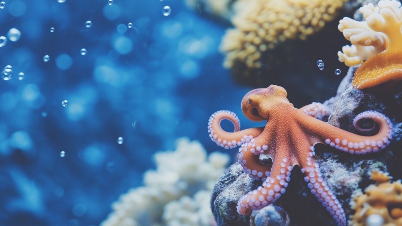 octopus wallpaper, underwater habitat, ocean creatures, background for desktop wallpaper (horizontal)