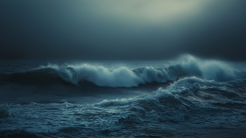 deep ocean wallpaper, crashing waves, ominous sky, background for desktop wallpaper (horizontal)