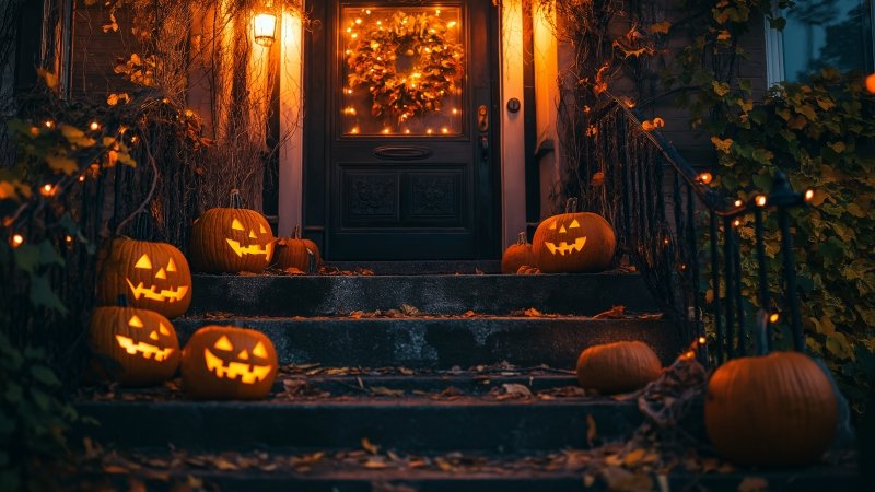 Halloween wallpaper, pumpkin carving, autumn decorations, background for desktop wallpaper (horizontal)