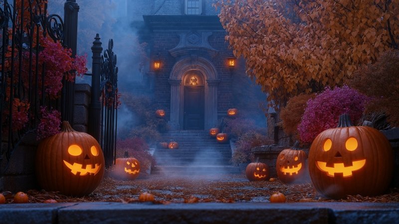 Halloween wallpaper, pumpkin patch, autumn festivities, background for desktop wallpaper (horizontal)