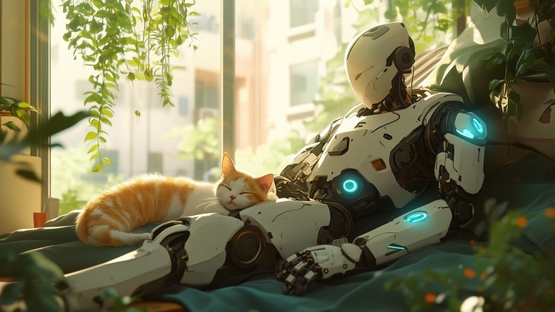 lofi wallpaper, robotic lounge, cozy feline, background for desktop wallpaper (horizontal)