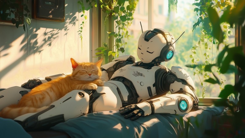 lofi wallpaper, lazy cat, cozy, background for desktop wallpaper (horizontal)