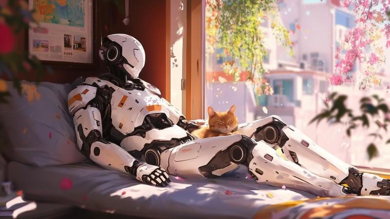 lofi wallpaper, lazy cat, cozy vibes, background for desktop wallpaper (horizontal)