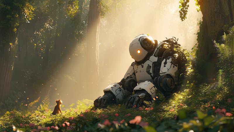 Robot wallpaper, overgrown, wilderness, background for desktop wallpaper