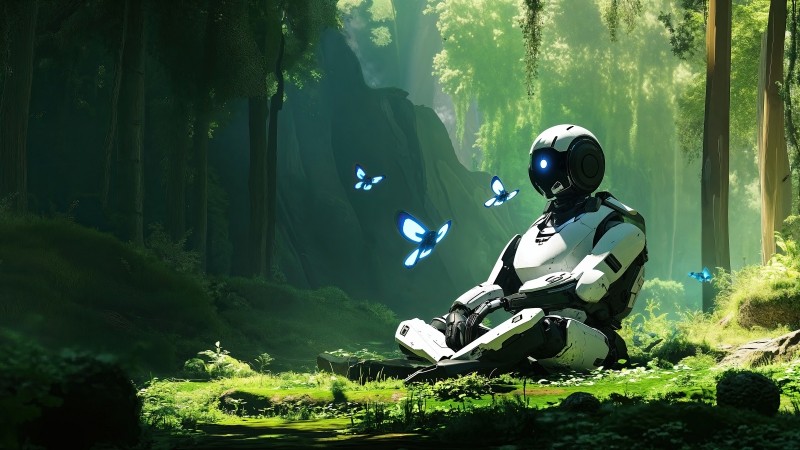 Robot wallpaper, overgrown, untamed, background for desktop wallpaper