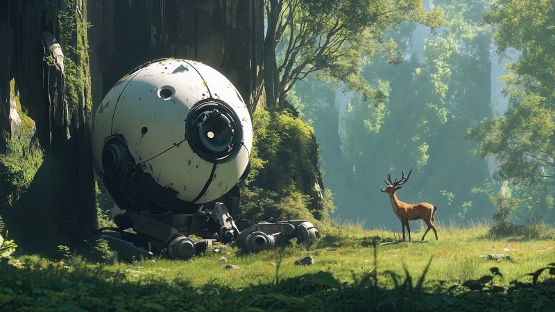 Robot wallpaper, overgrown, lost, background for desktop wallpaper