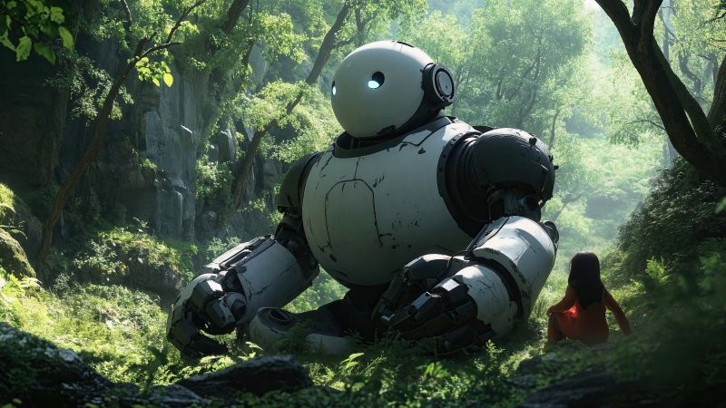 Robot wallpaper, overgrown, wilderness, background for desktop wallpaper (horizontal)