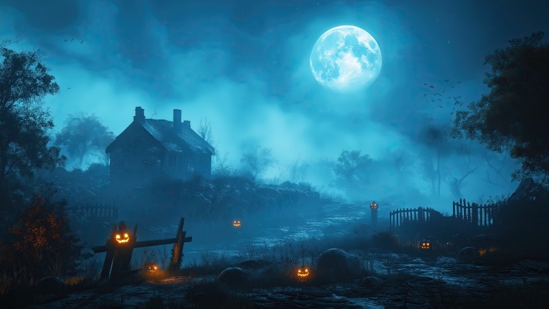 Halloween night wallpaper, full moon, chilling, background for desktop wallpaper (horizontal)