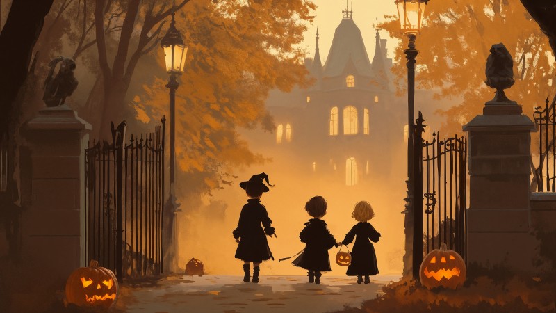 October wallpaper, whimsical, festive, background for desktop wallpaper (horizontal)