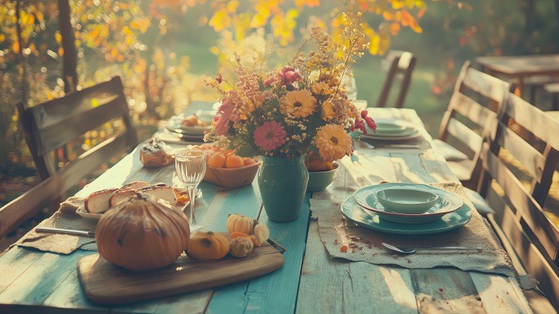 thanksgiving meal wallpaper, rustic, seasonal decor, background for desktop wallpaper (horizontal)