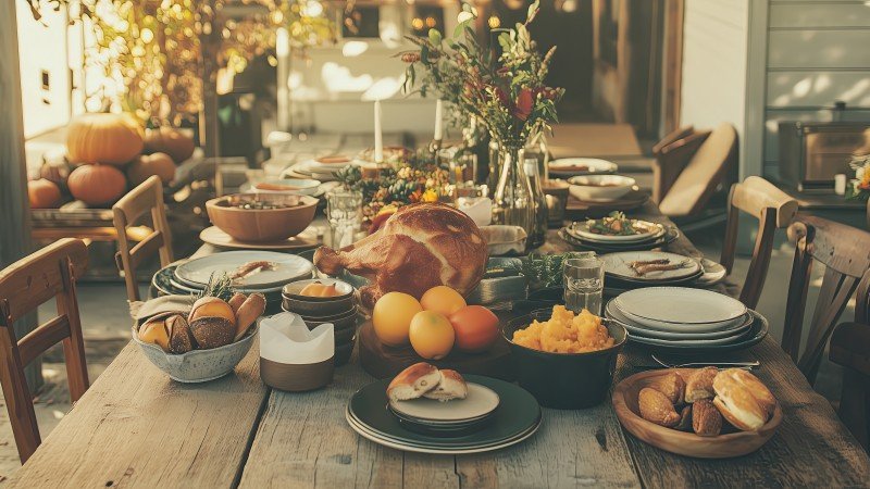 thanksgiving meal wallpaper, rustic, family feast, background for desktop wallpaper (horizontal)