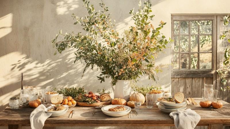 thanksgiving meal wallpaper, table, harvest dinner, background for desktop wallpaper (horizontal)