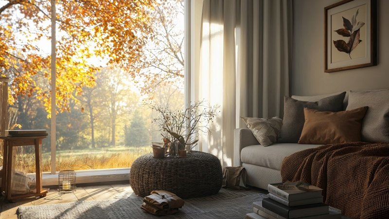 living room wallpaper, natural light, cozy decor, background for desktop wallpaper (horizontal)