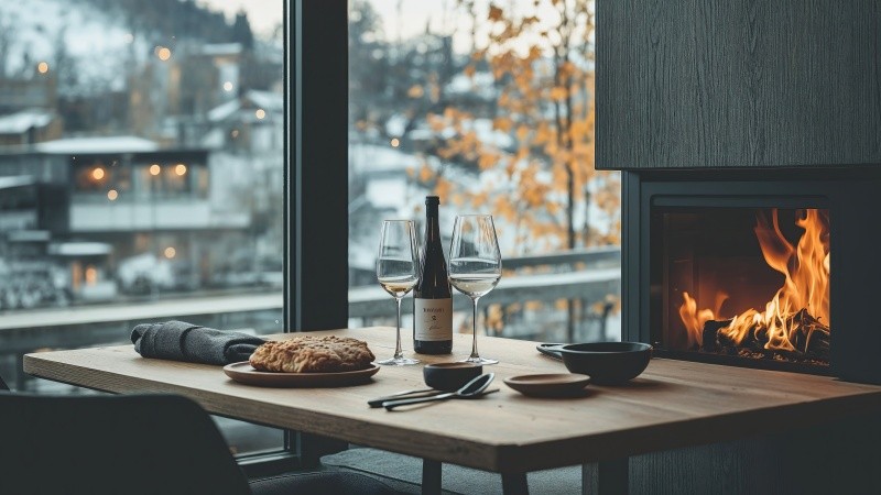 living room wallpaper, fireplace, rustic style, background for desktop wallpaper (horizontal)