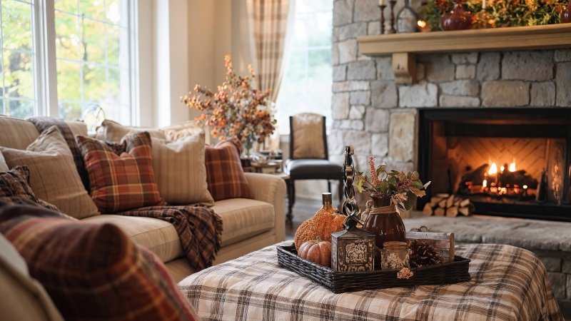 living room wallpaper, fireplace, seasonal decorations, background for desktop wallpaper (horizontal)