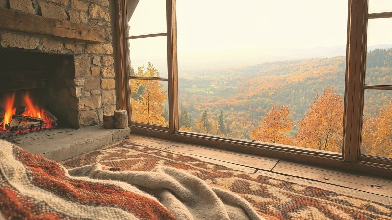 living room wallpaper, fireplace, rustic charm, background for desktop wallpaper (horizontal)