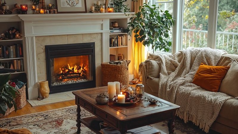 living room wallpaper, fireplace, seasonal comfort, background for desktop wallpaper (horizontal)