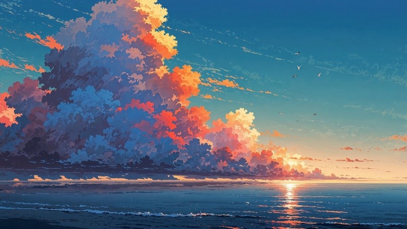 sunset over water wallpaper, waves crashing, seaside view, background for desktop wallpaper (horizontal)