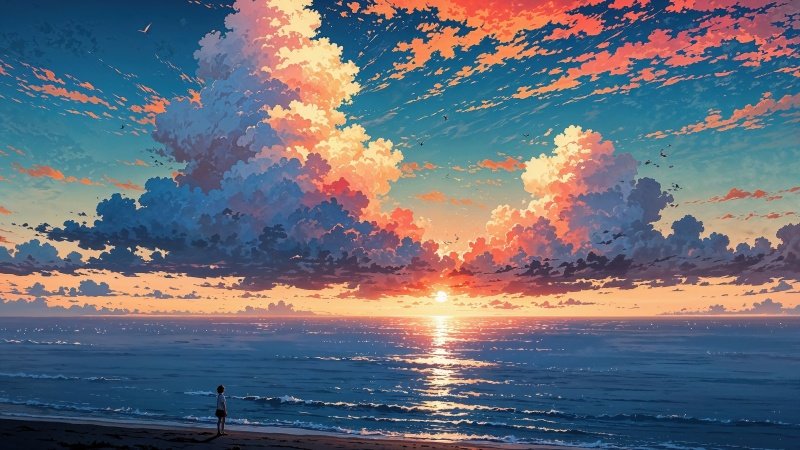 sunset wallpaper wallpaper, colorful clouds, beach horizon, background for desktop wallpaper (horizontal)