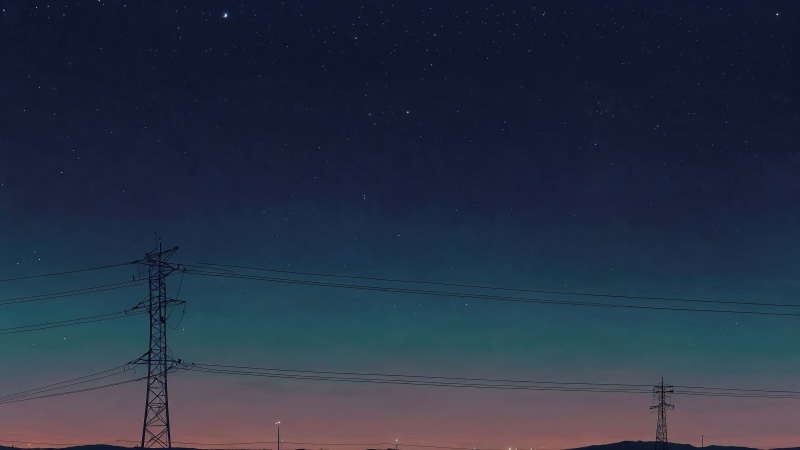power line wallpaper, starry night, nighttime landscape, background for desktop wallpaper (horizontal)