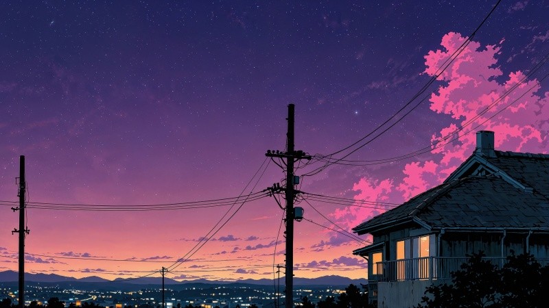 power line wallpaper, nighttime landscape, stars shining, background for desktop wallpaper (horizontal)