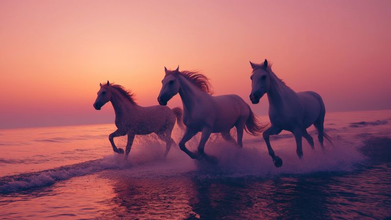 horses wallpaper, sunset, sea, background for desktop wallpaper (horizontal)