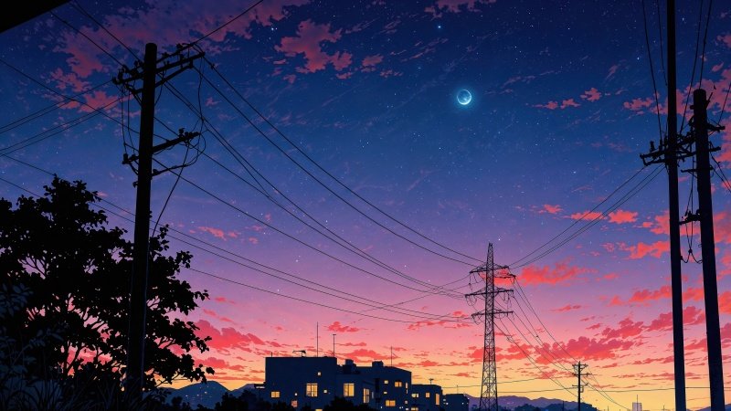 power line wallpaper, nighttime, electricity, background for desktop wallpaper (horizontal)