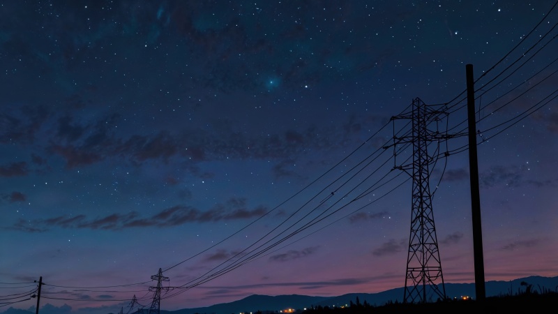 power line wallpaper, stars at night, nighttime landscape, background for desktop wallpaper (horizontal)